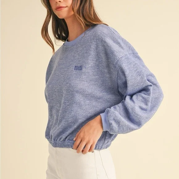 Mable Round Neck Letter Embroidery Crop Sweatshirt in blue purple